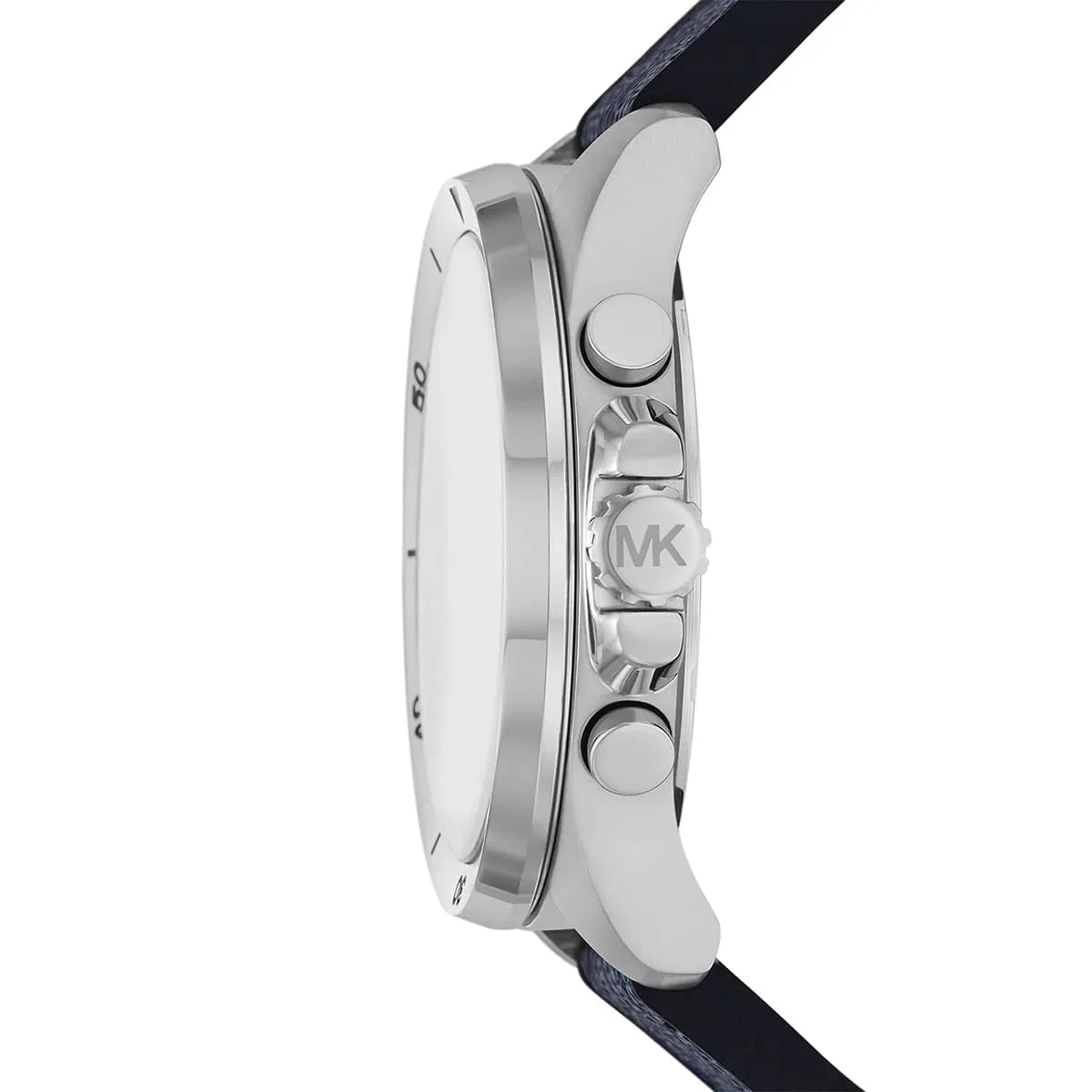 Side profile of Michael Kors Brecken watch showing silver-tone case and chronograph pushers