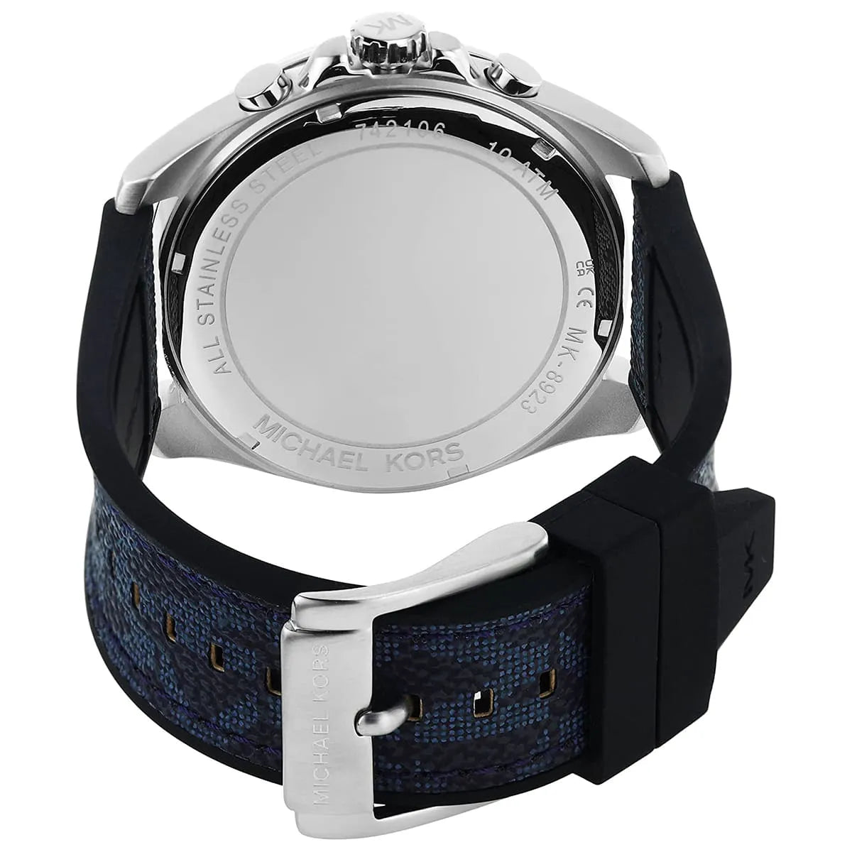 Michael Kors Brecken watch strap detail showing navy patterned rubber band and silver-tone buckle