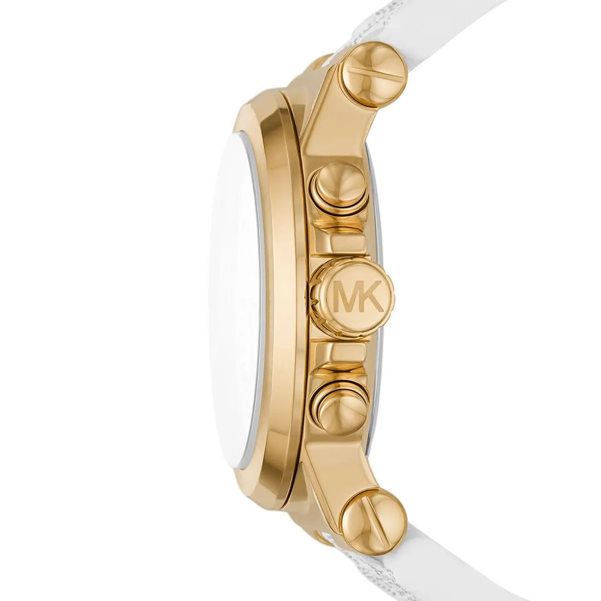 Side view of Michael Kors Dylan watch showing gold-tone case with chronograph pushers and white strap
