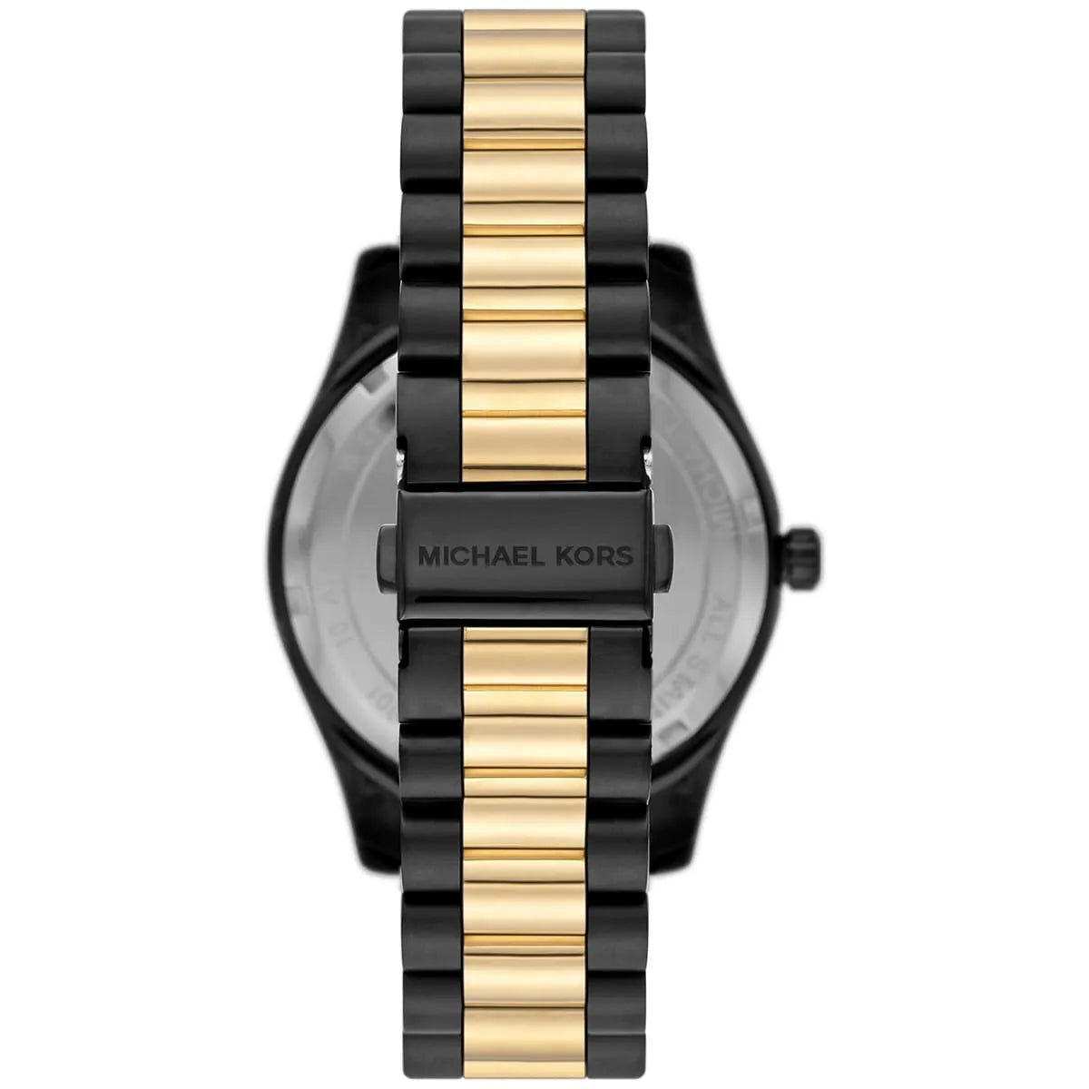 Michael Kors Lexington watch caseback with two-tone black and gold stainless steel bracelet