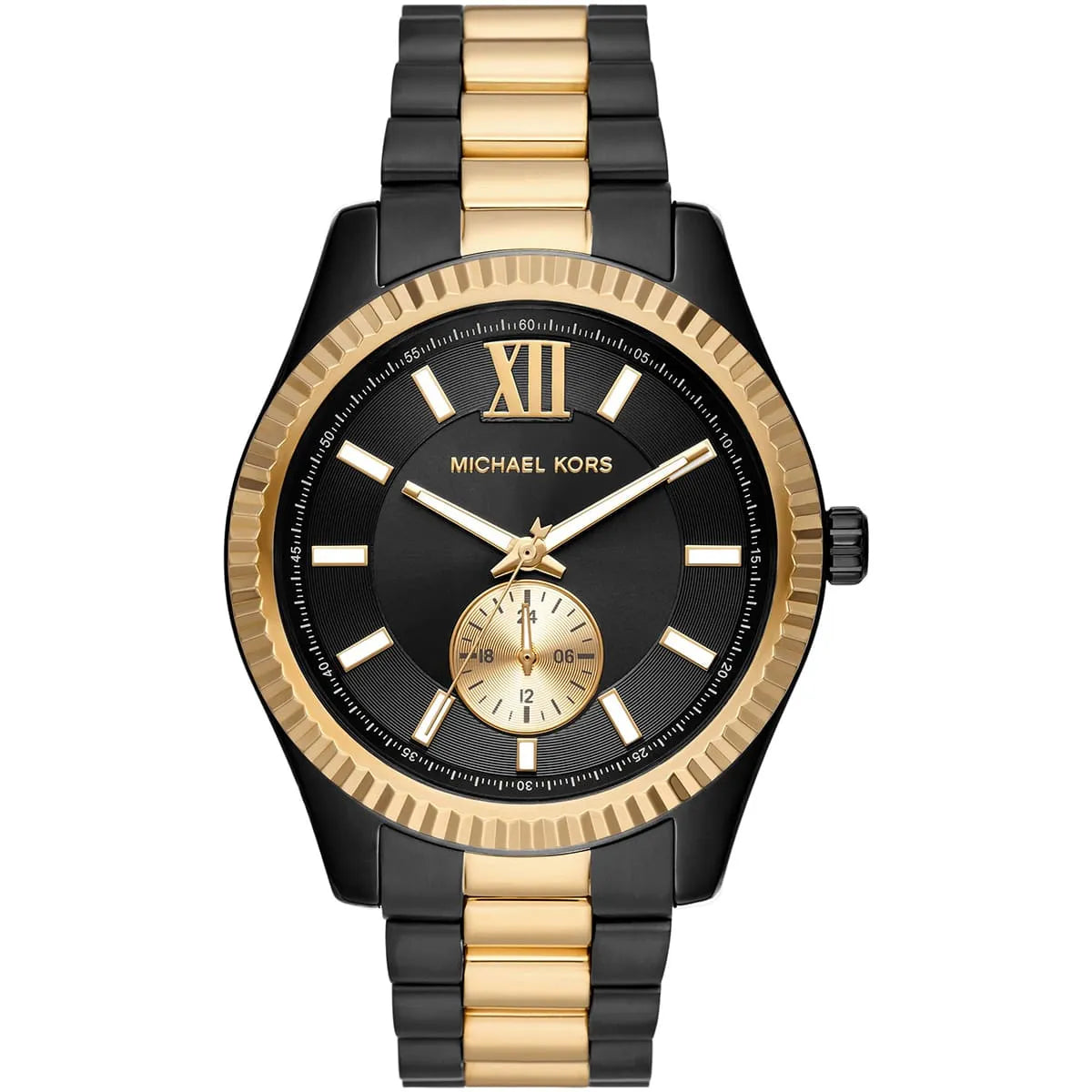 Michael Kors Lexington men's watch with two-tone black and gold stainless steel case and bracelet
