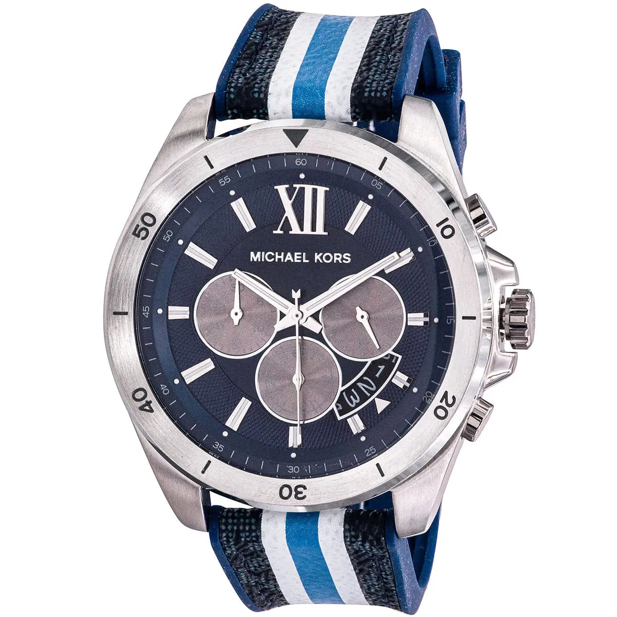 Michael Kors Brecken watch at angle showing silver case and striped strap detail