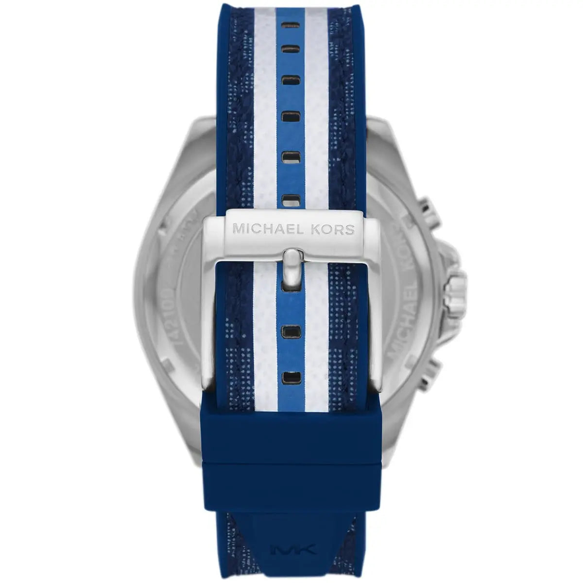 Michael Kors Brecken watch showing blue/white striped PVC rubber strap detail