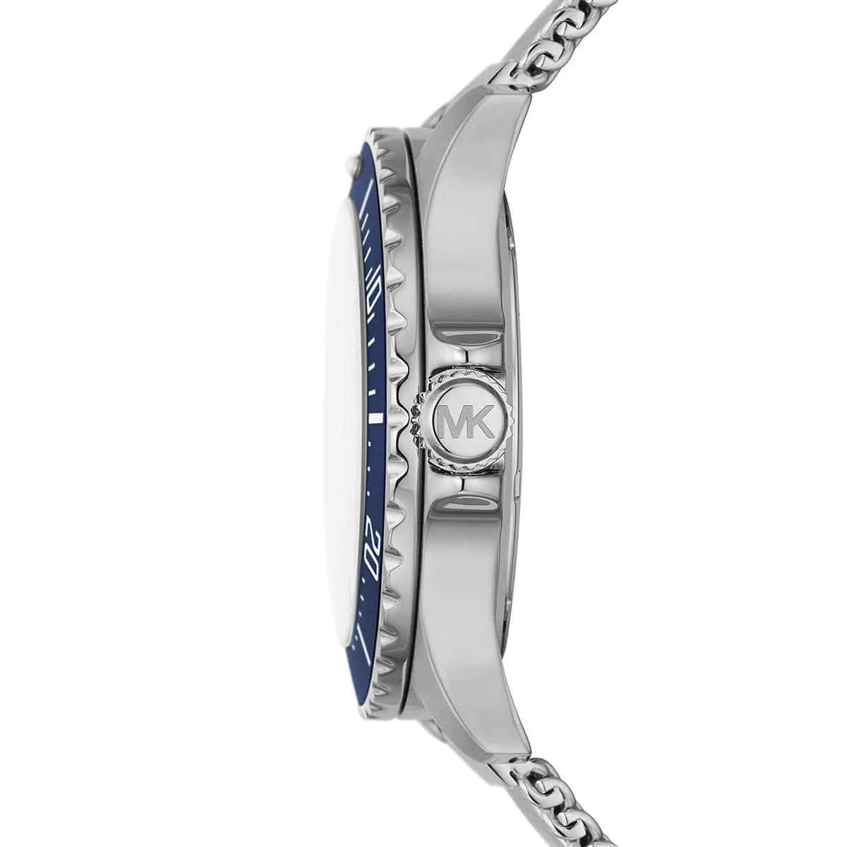Michael Kors Everest watch side profile showing silver-tone stainless steel case and mesh strap