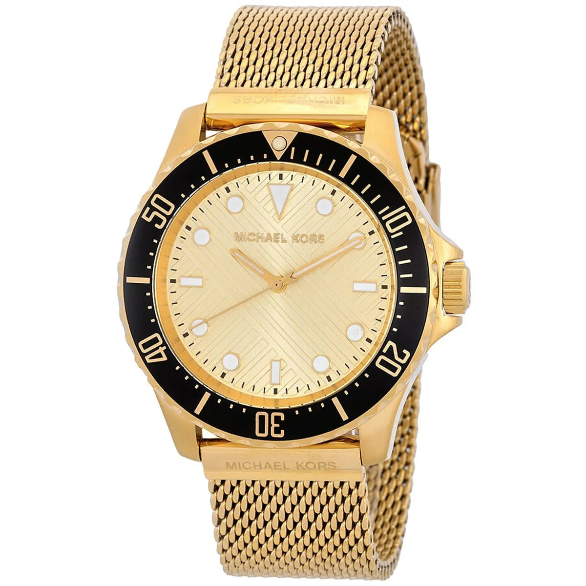 Michael Kors Everest MK9083 three-quarter view showing gold mesh strap and dial detail