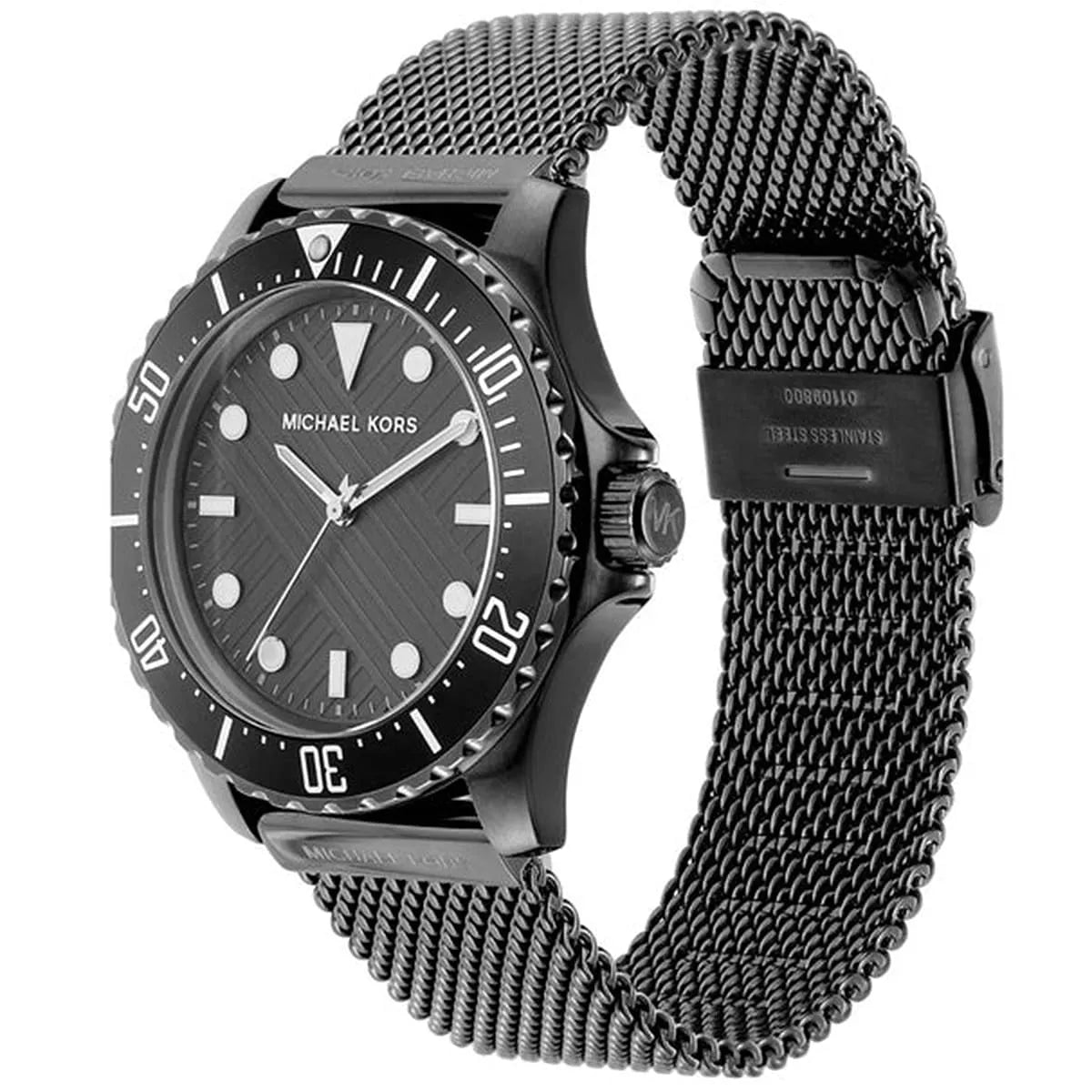 Michael Kors Everest gunmetal watch worn on wrist showing side profile and mesh strap