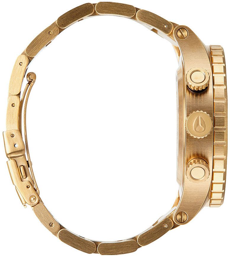 Gold PVD bracelet and side view of Nixon 48-20 Chrono watch with link band