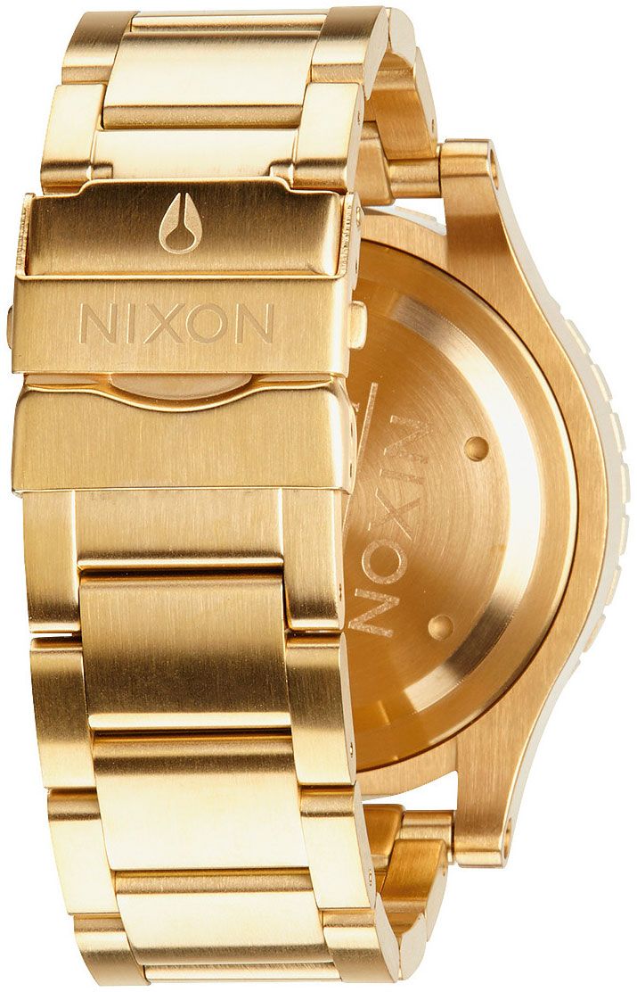 Nixon 48-20 Chrono caseback and side profile showing gold PVD case with engraved details