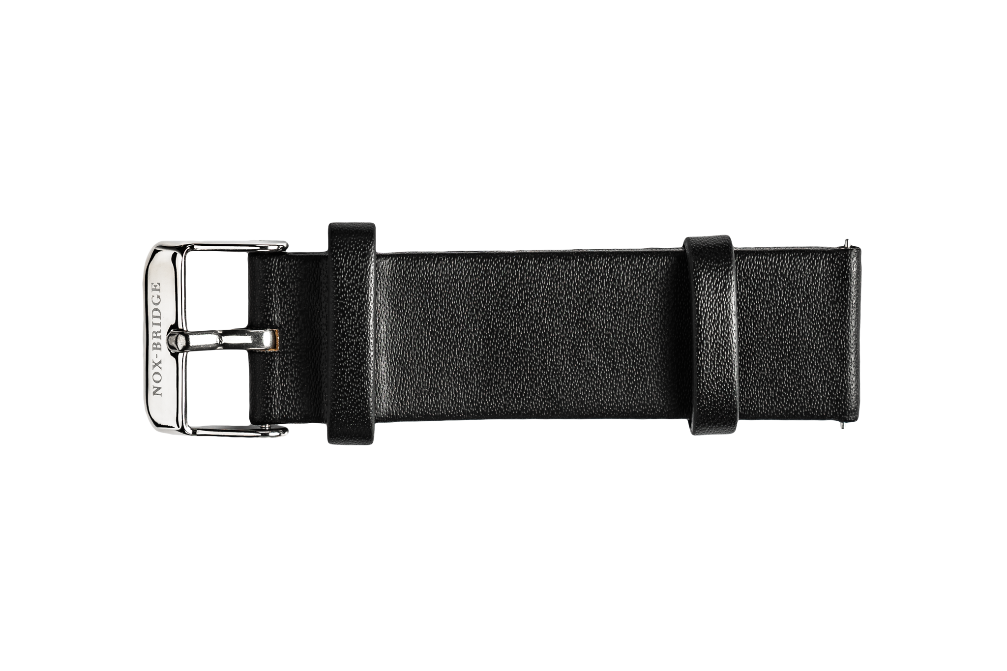 Black vegan leather watch strap with metal buckle, laid flat