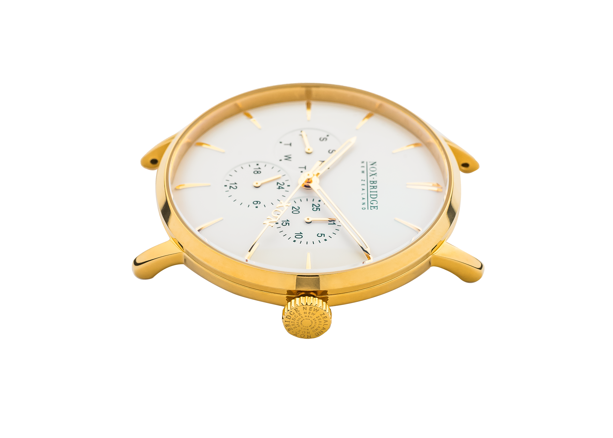 Top-down angle view of Alcyone 36MM gold watch with white chronograph dial and lugs