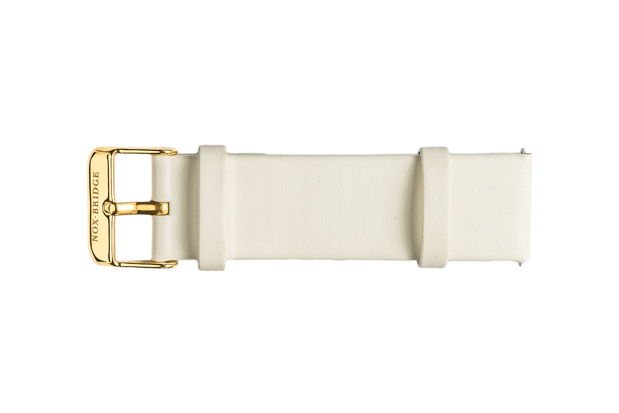 White vegan leather watch strap with gold-tone buckle and logo clasp
