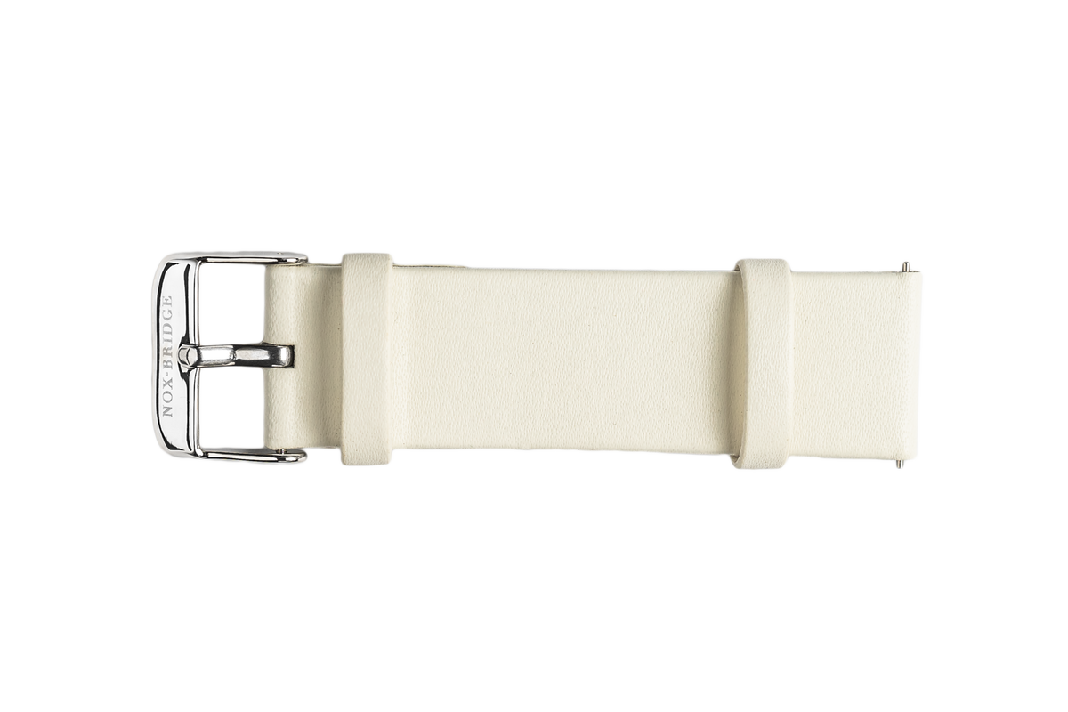 White waterproof vegan leather strap with silver-tone buckle mechanism