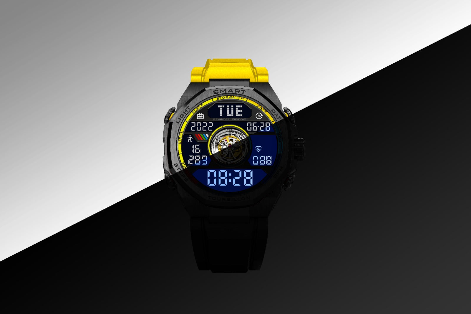 Noxbridge Skyway smartwatch at angle showing visible tourbillon mechanism, digital display, and yellow strap detail