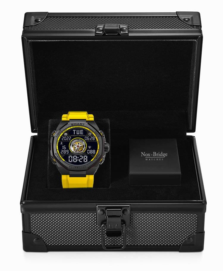 Noxbridge Skyway watch in black branded presentation box with yellow strap and black case visible