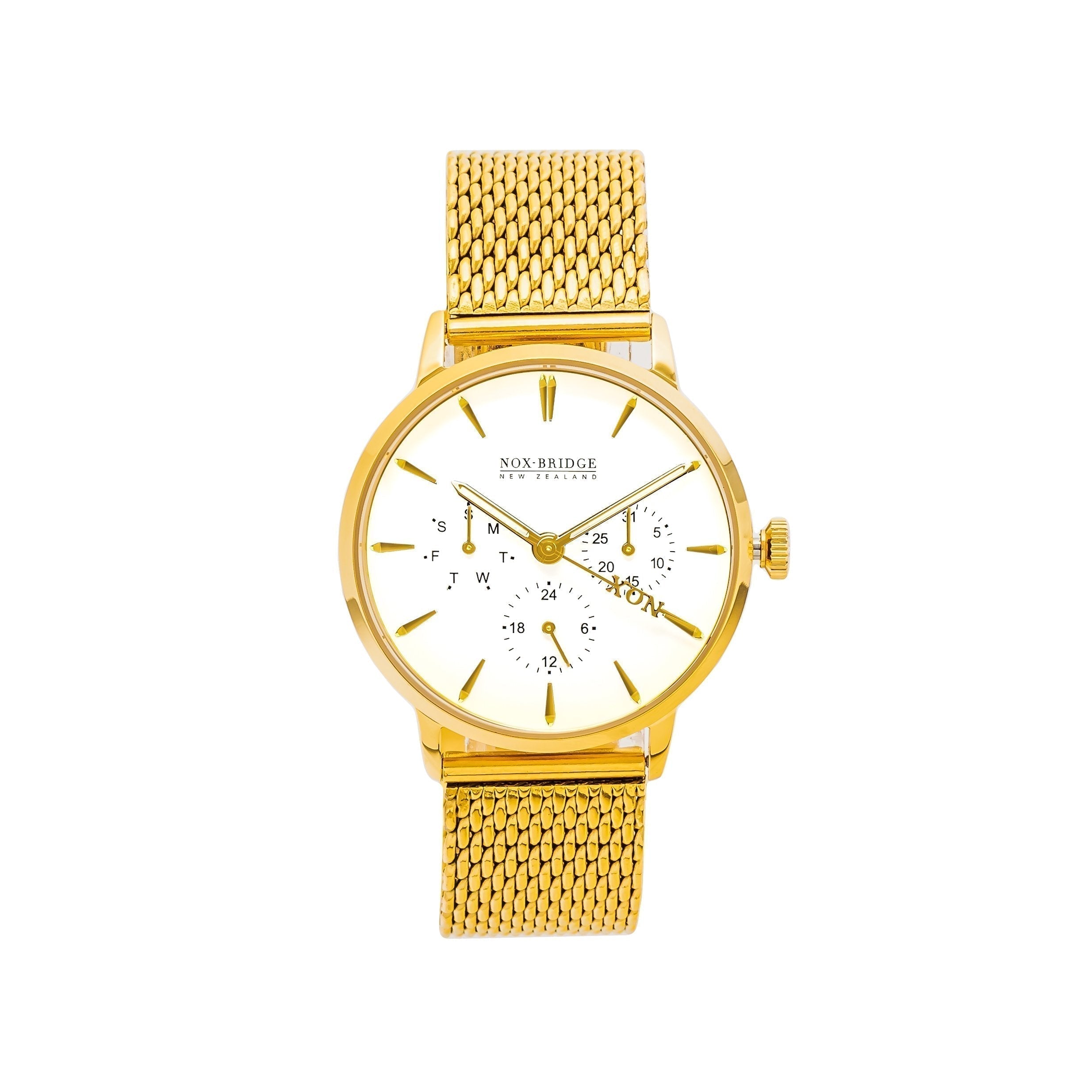 Noxbridge Supreme Classic all-gold watch with white dial and mesh strap