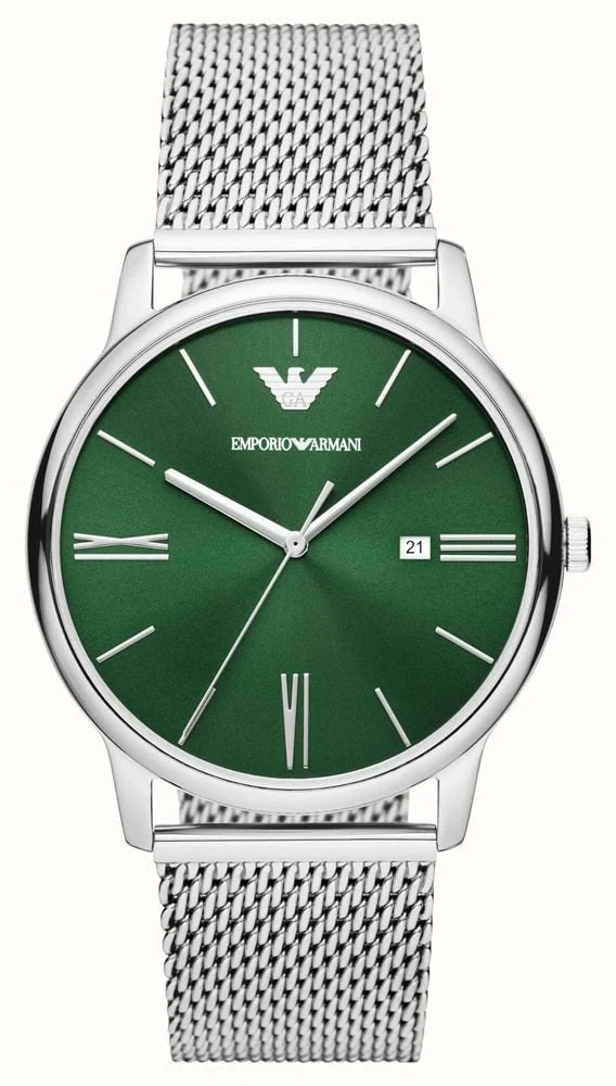 Green watch with silver mesh strap on a white background