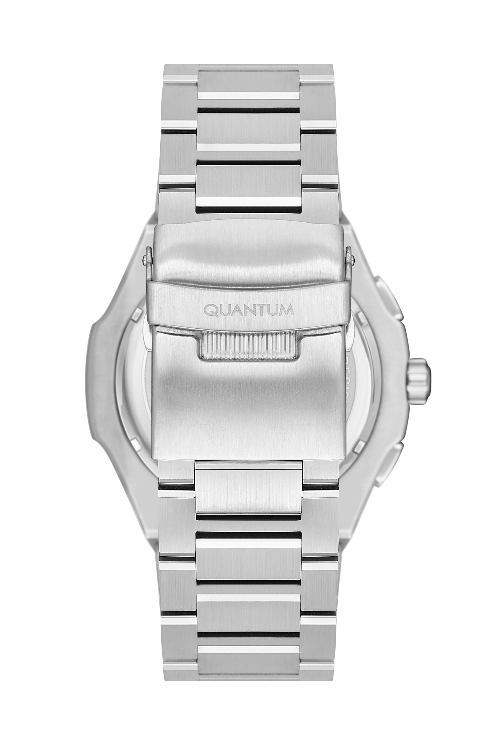 Top view of Quantum silver steel watch with multifunction case and metal bracelet