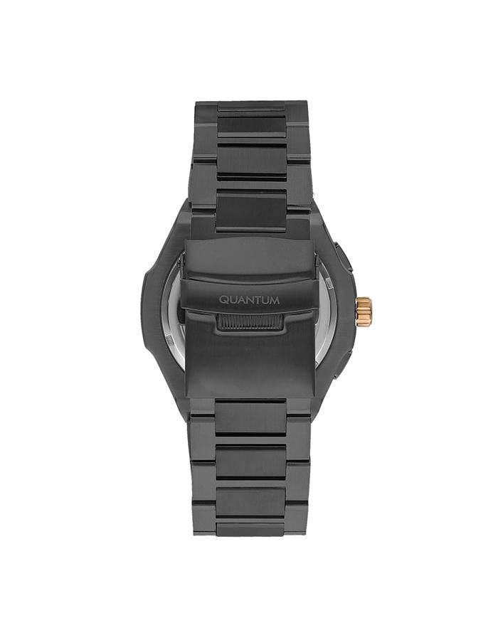 Gunmetal stainless steel strap and caseback of Quantum Chronograph watch