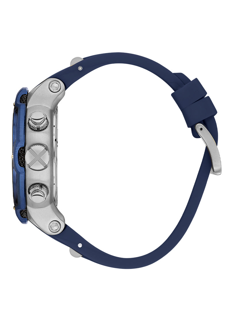 Quantum Hunter chronograph watch side view showing stainless steel case and dark blue rubber strap