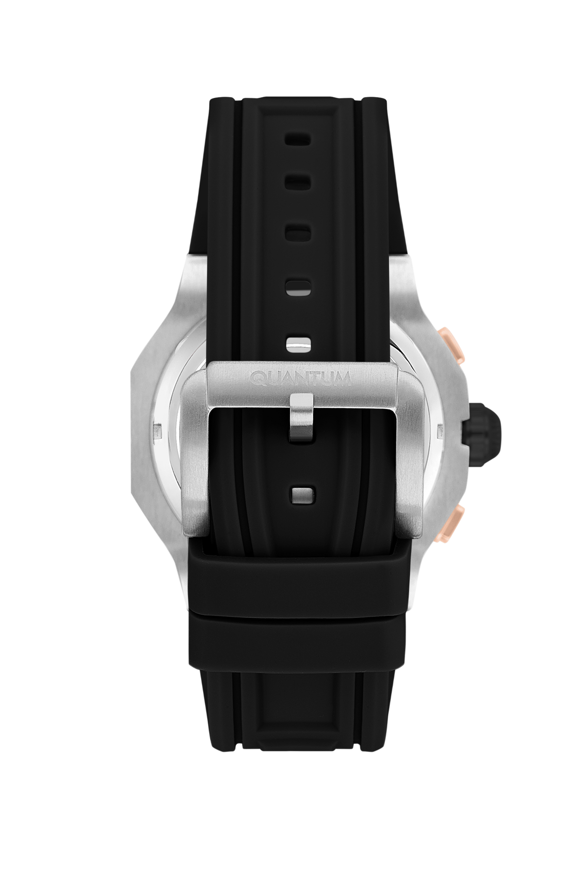 Quantum Hunter chronograph watch strap detail with black rubber and push button adjustment
