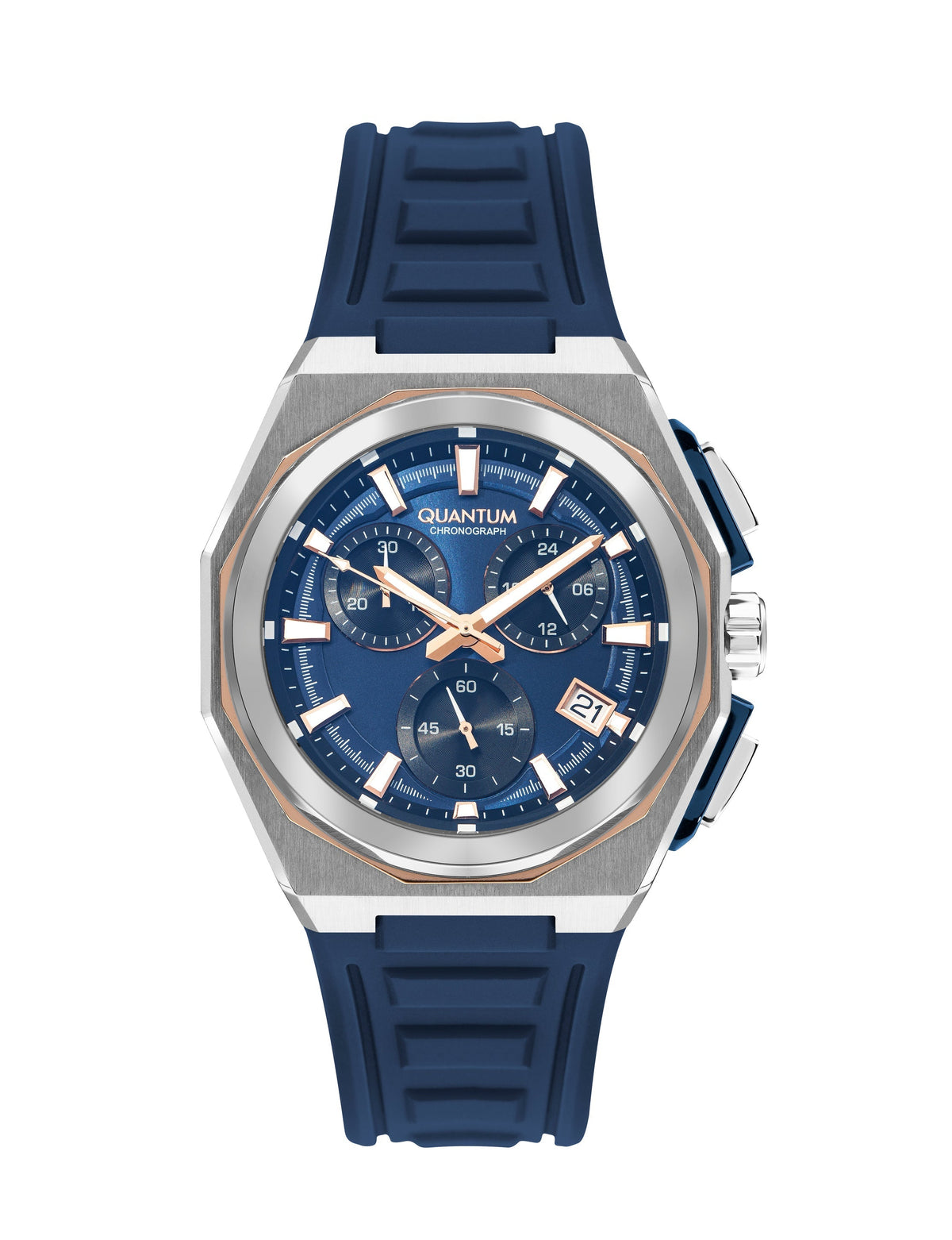 Quantum PWG1078 navy multifunction chronograph watch with blue dial and silver case