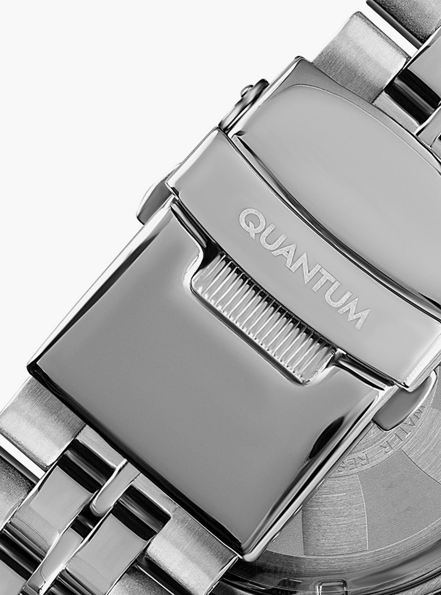 Quantum chronograph watch caseback detail showing stainless steel case with branding