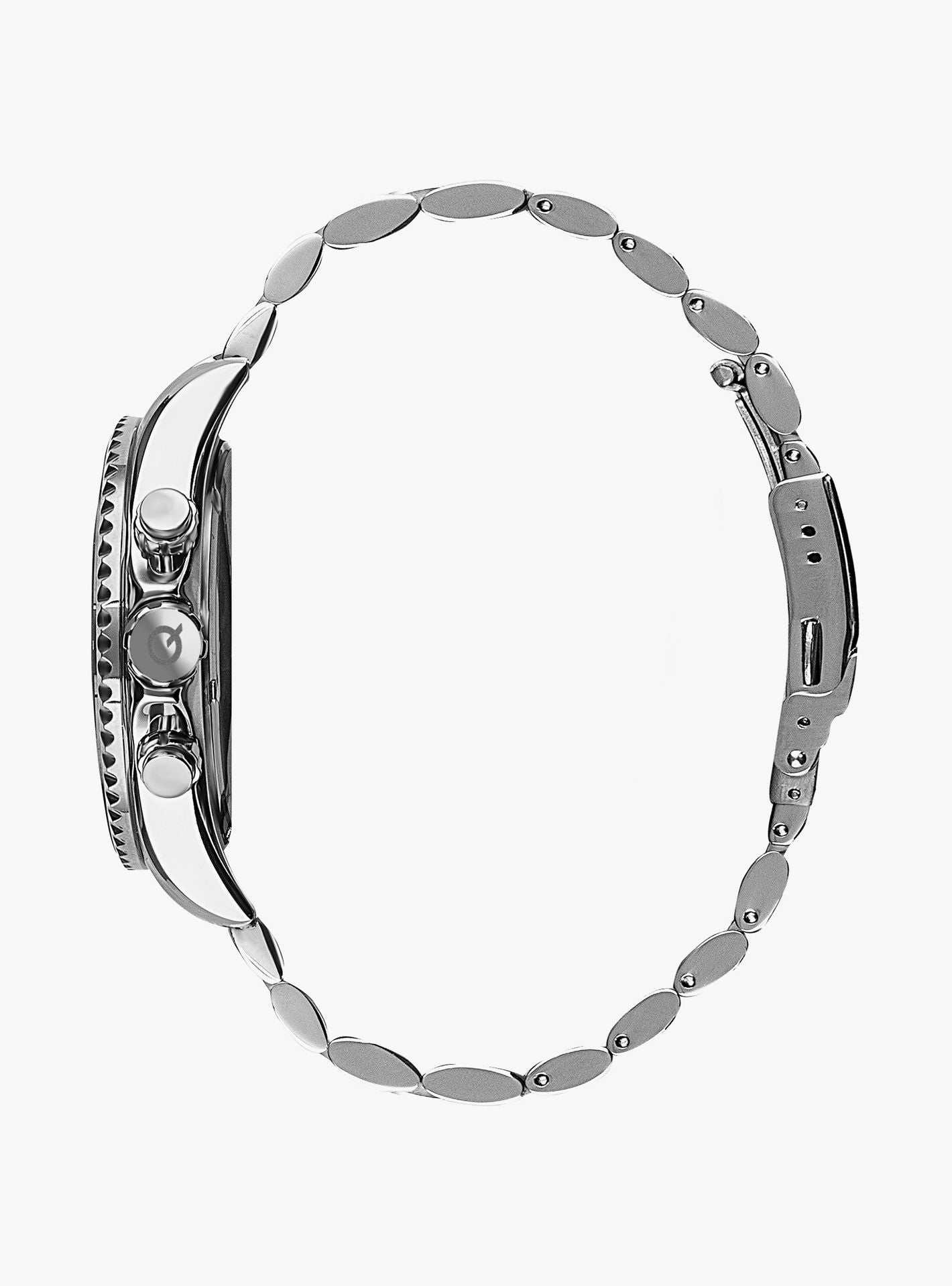 Side profile view of Quantum silver stainless steel chronograph watch with bracelet