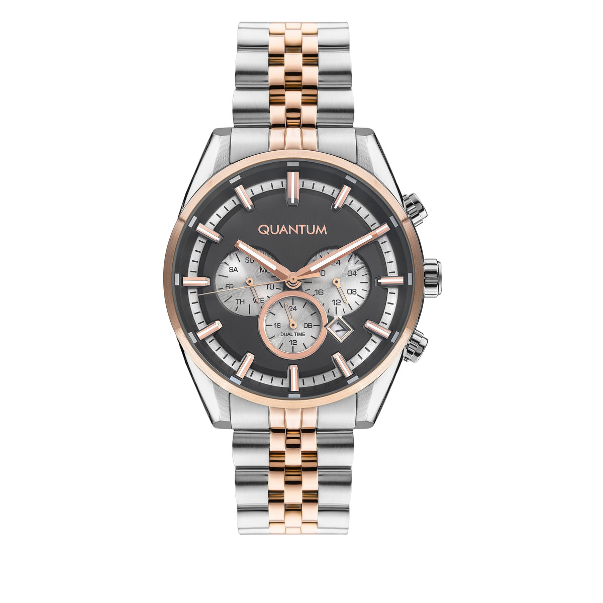 Quantum PWG987.550 two-tone chronograph watch with gun dial and rose gold accents