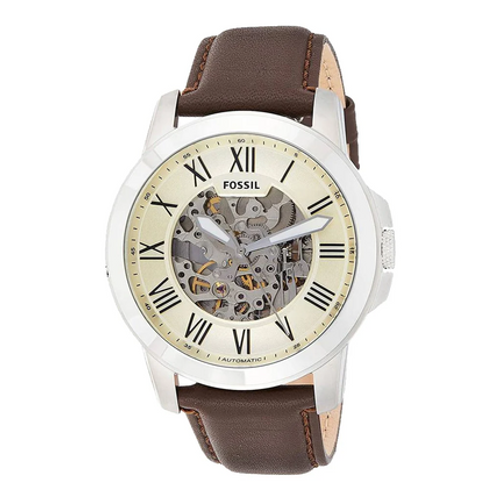 Fossil Grant automatic watch with cream dial, Roman numerals, and visible skeleton movement on brown leather strap