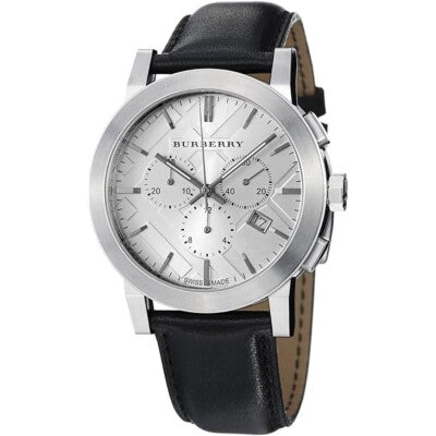 Burberry The City Large Chronograph Silver Dial Black Leather Strap Men's Watch BU9355