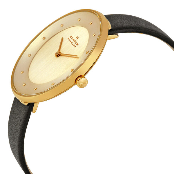 Skagen Ditte Gold Dial Black Leather Ladies Watch SKW2262