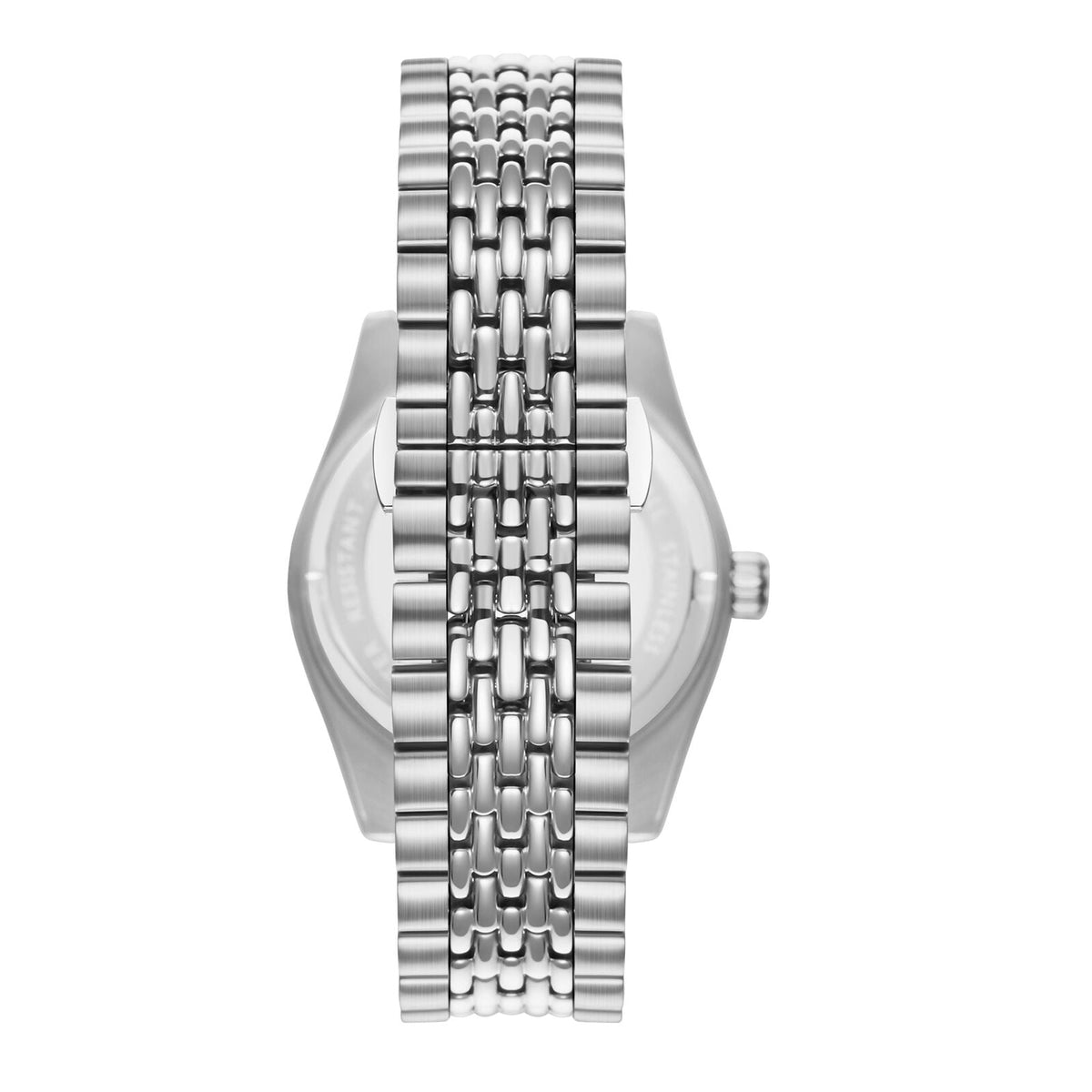 Silver interlocking metal bracelet strap detail of Slazenger Classic watch
