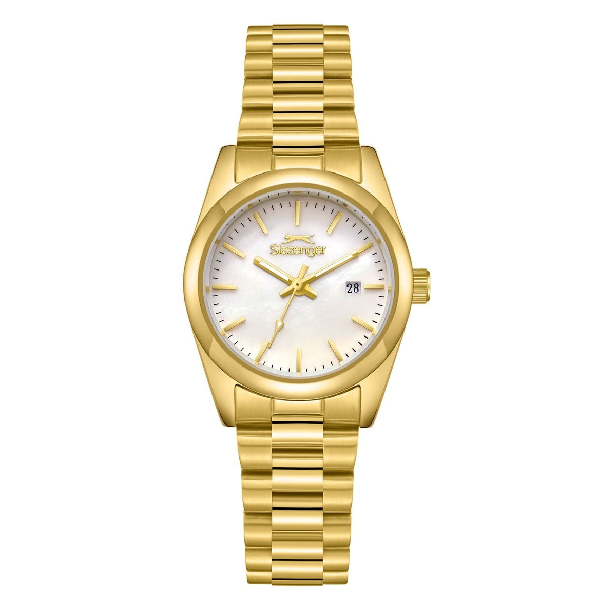 Slazenger Classic gold watch with white dial, date window, and gold metal bracelet