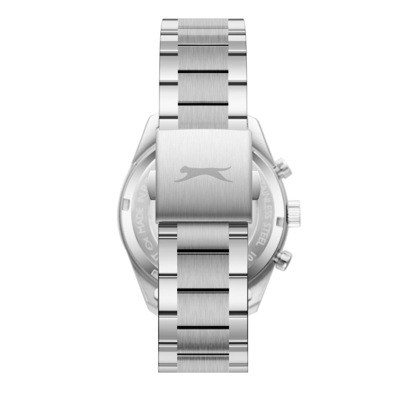 Caseback view of Slazenger watch showing silver metal bracelet and case design