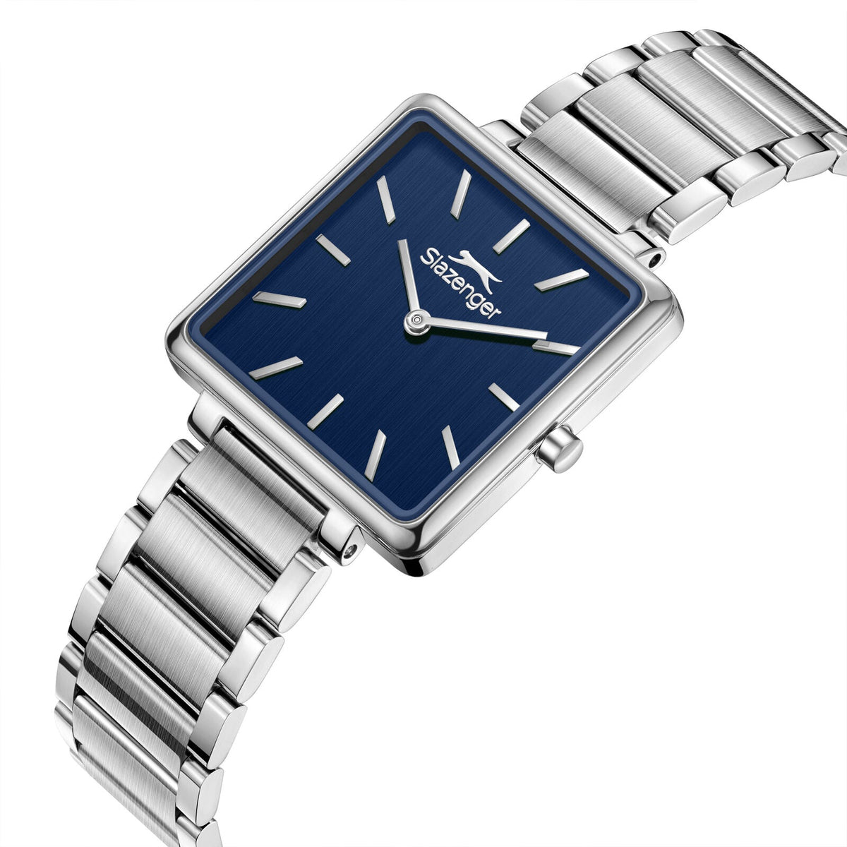 Slazenger Classic Square watch angled view showing blue dial and silver metal bracelet