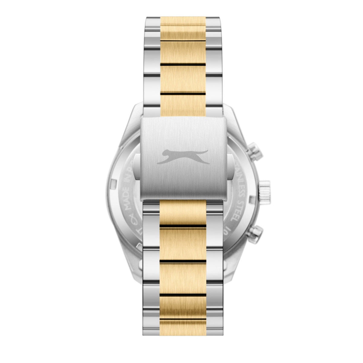 Caseback of Slazenger Heritage watch showing Slazenger logo engraved on metal case cover