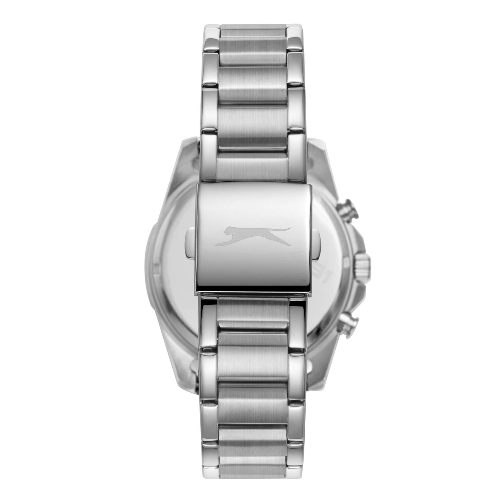 Caseback view of Slazenger chronograph watch showing stainless steel with two-tone accents