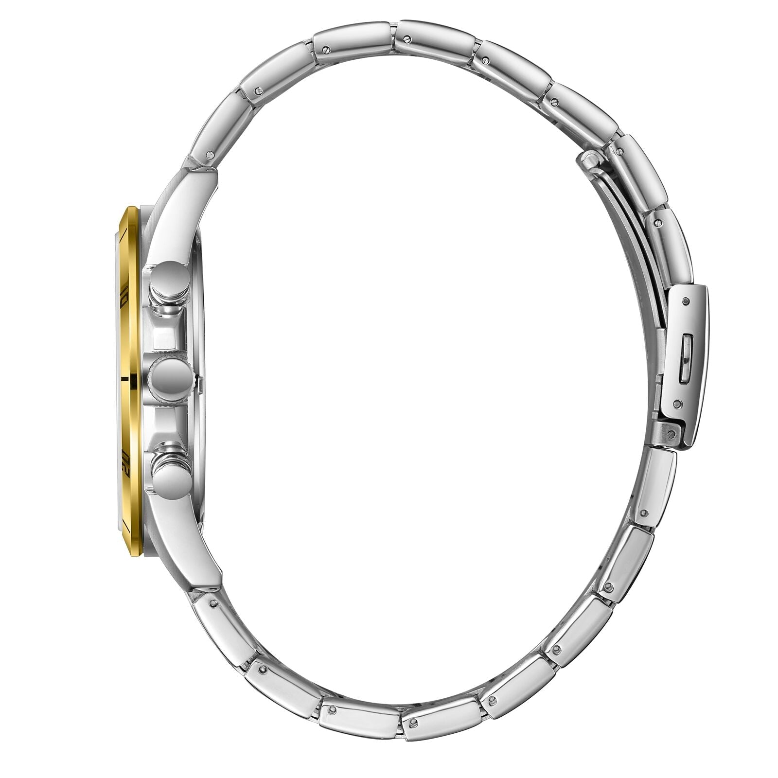Side profile of Slazenger watch displaying two-tone case and stainless steel strap