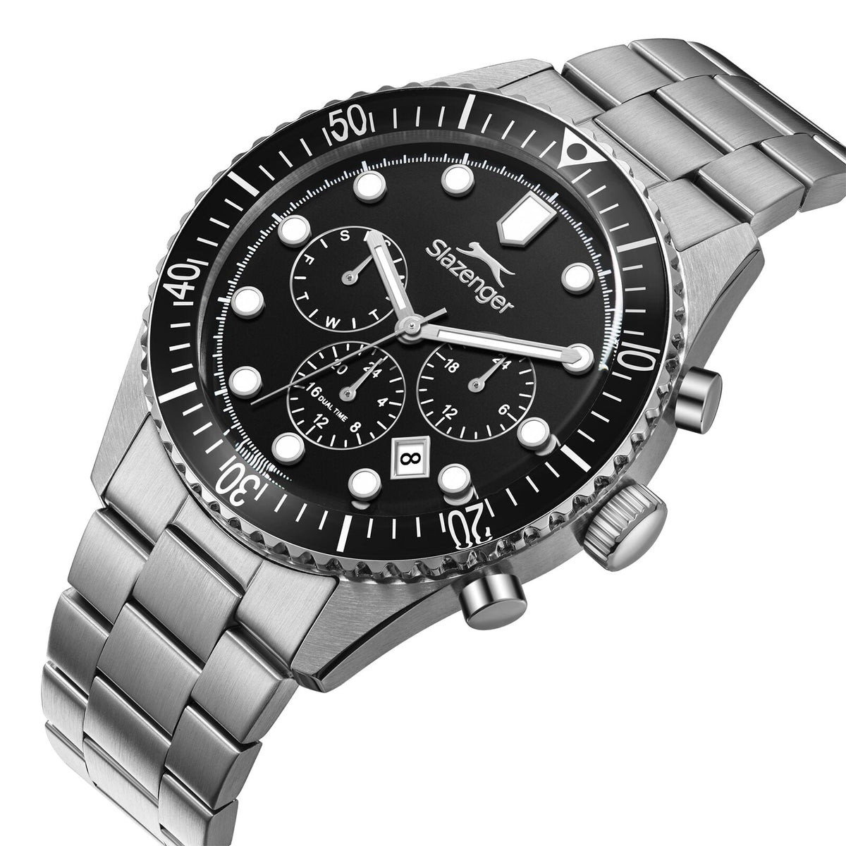 Slazenger chronograph watch from angled view showing three subdials and tachymeter bezel