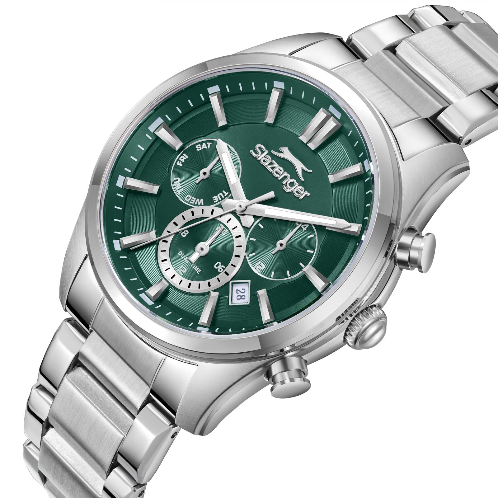 Angled view of Slazenger Sport green chronograph watch showing dial and stainless steel bracelet