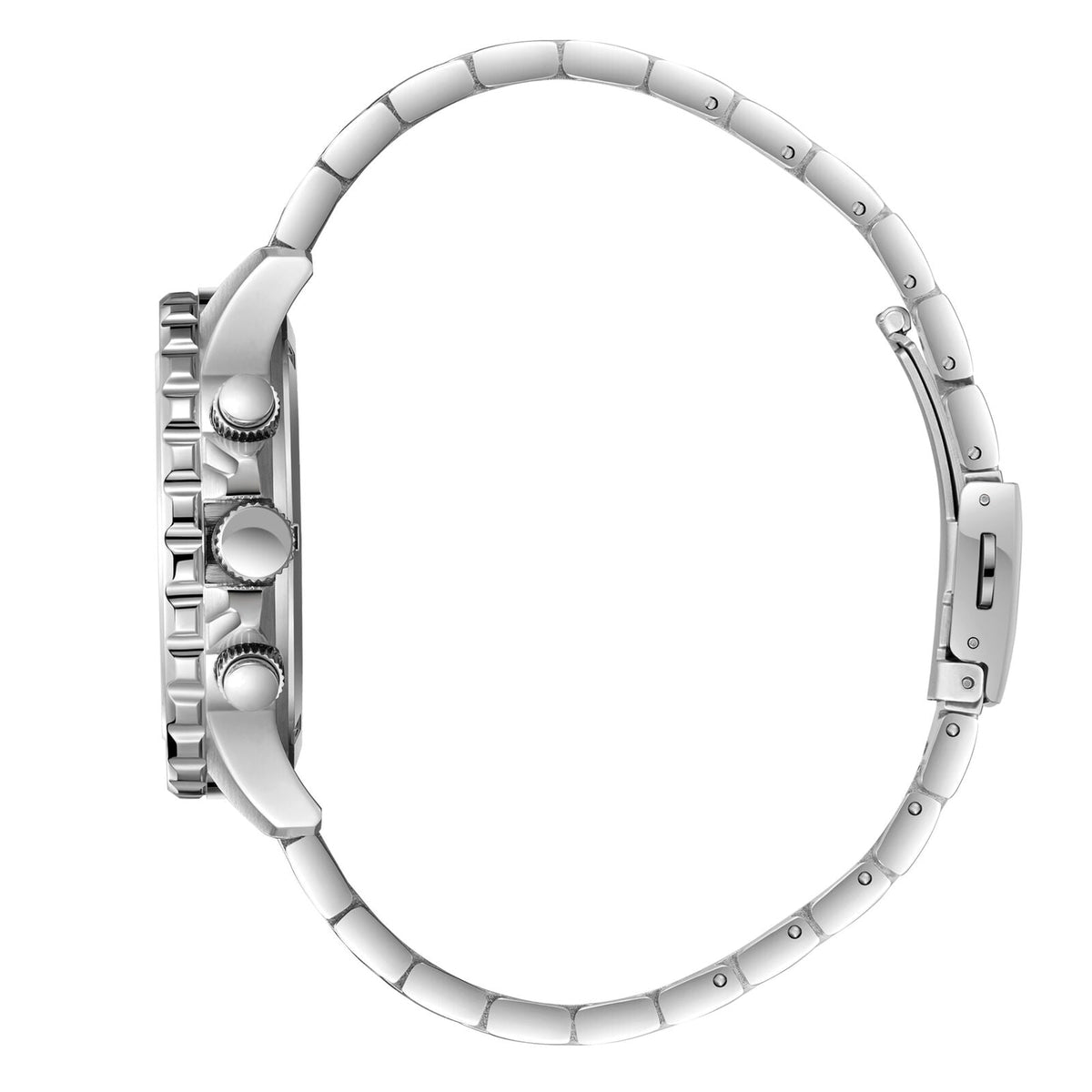 Side profile of Slazenger watch showing stainless steel bracelet and chronograph pushers