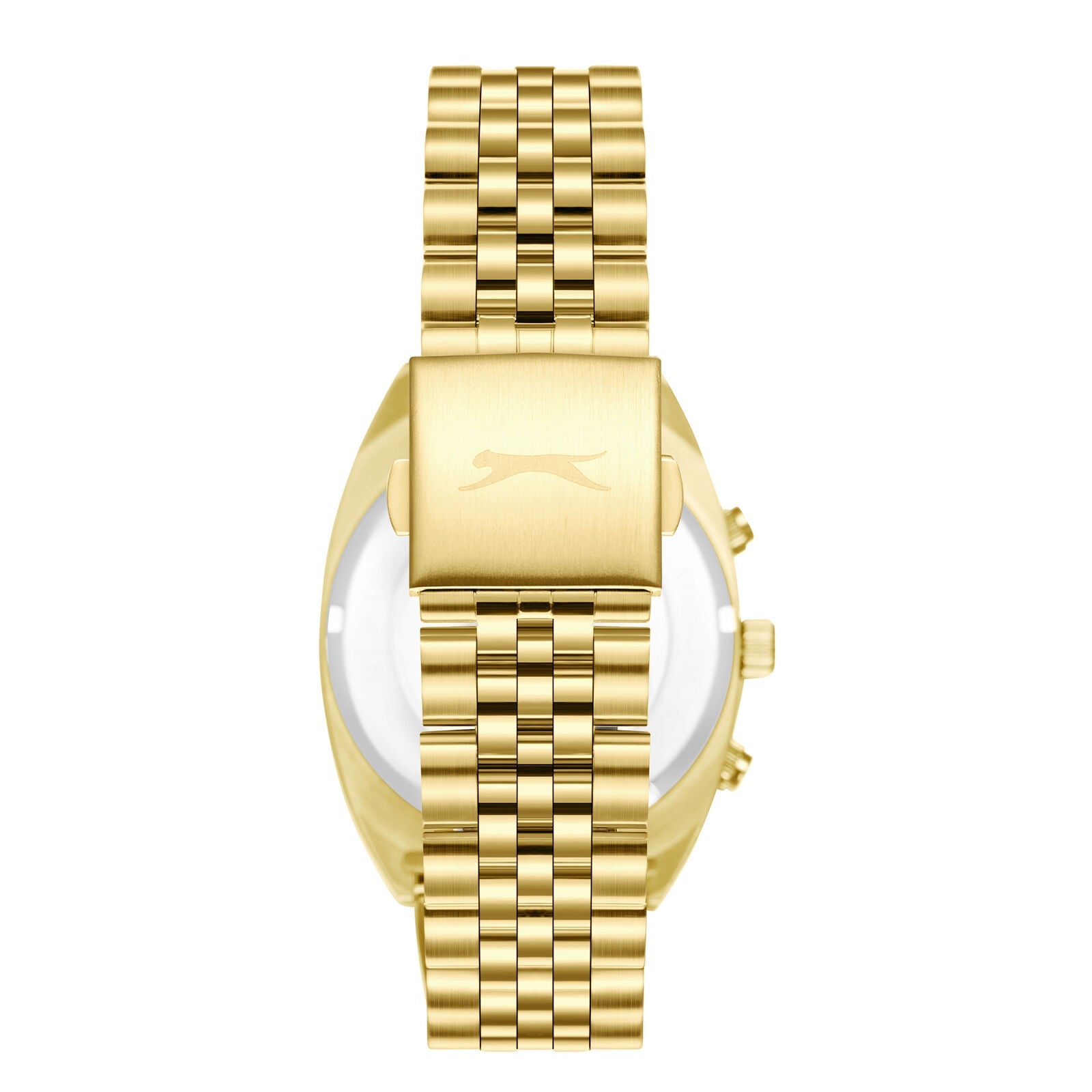 Caseback view of Slazenger gold watch with engraved Slazenger logo and gold bracelet