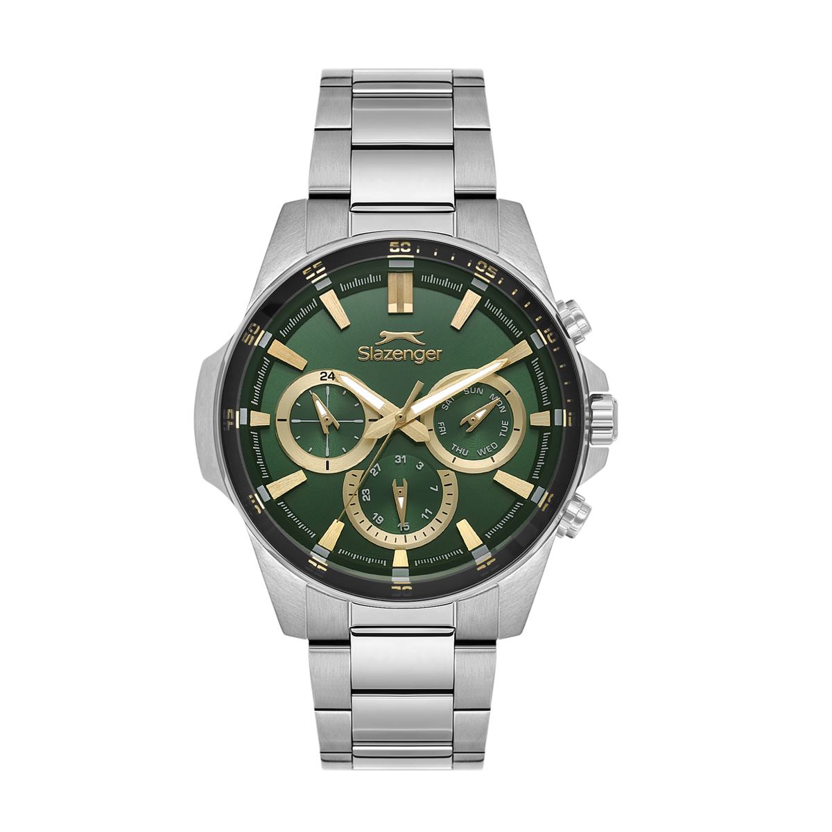 Slazenger Sporty multifunction watch with green dial, silver case and bracelet, three chronograph subdials