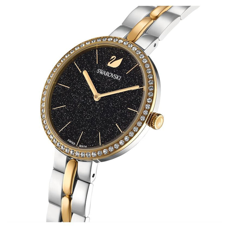 Side angled view of Cosmopolitan watch with black dial and mixed metal bracelet