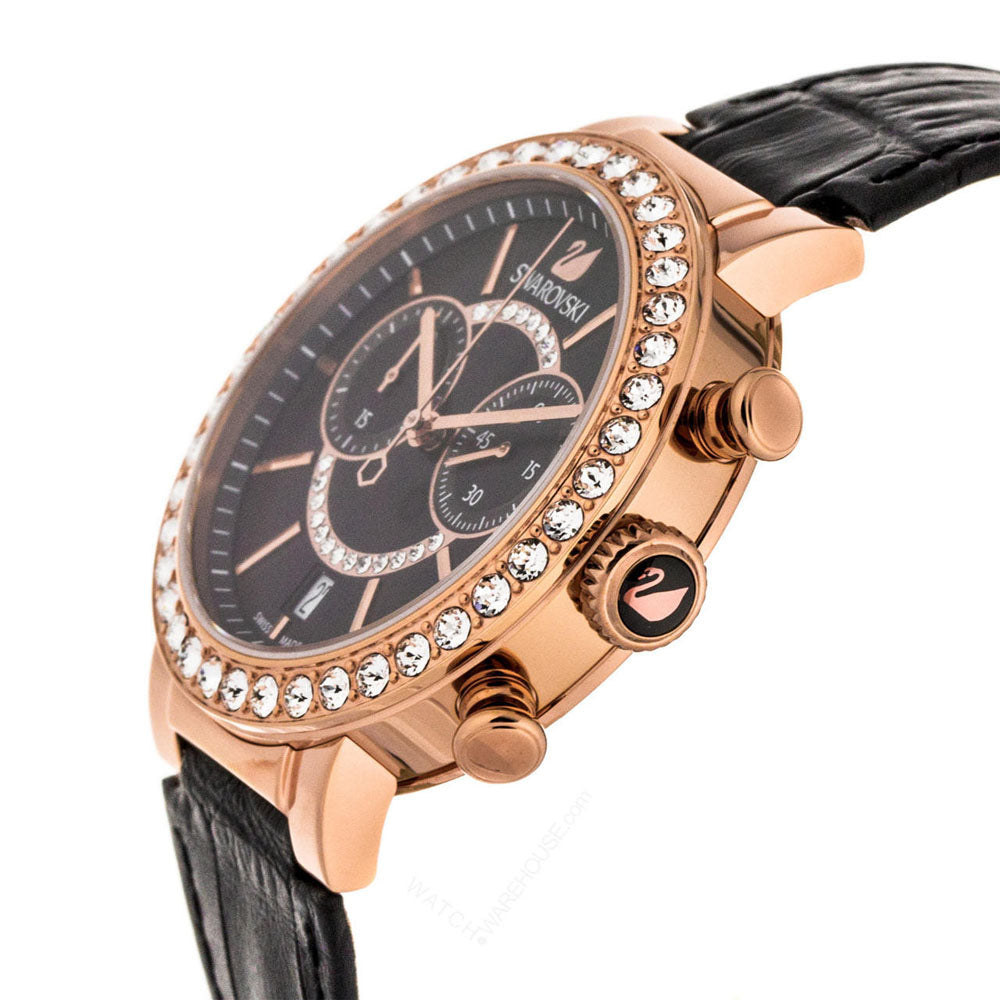 Side angle view of Swarovski Lovely Crystals watch showing rose gold chronograph case and black leather strap