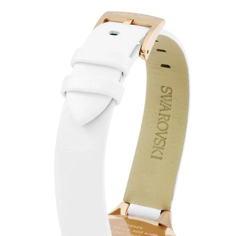 Swarovski Lovely Crystals white leather strap with rose gold buckle and branded suede backing