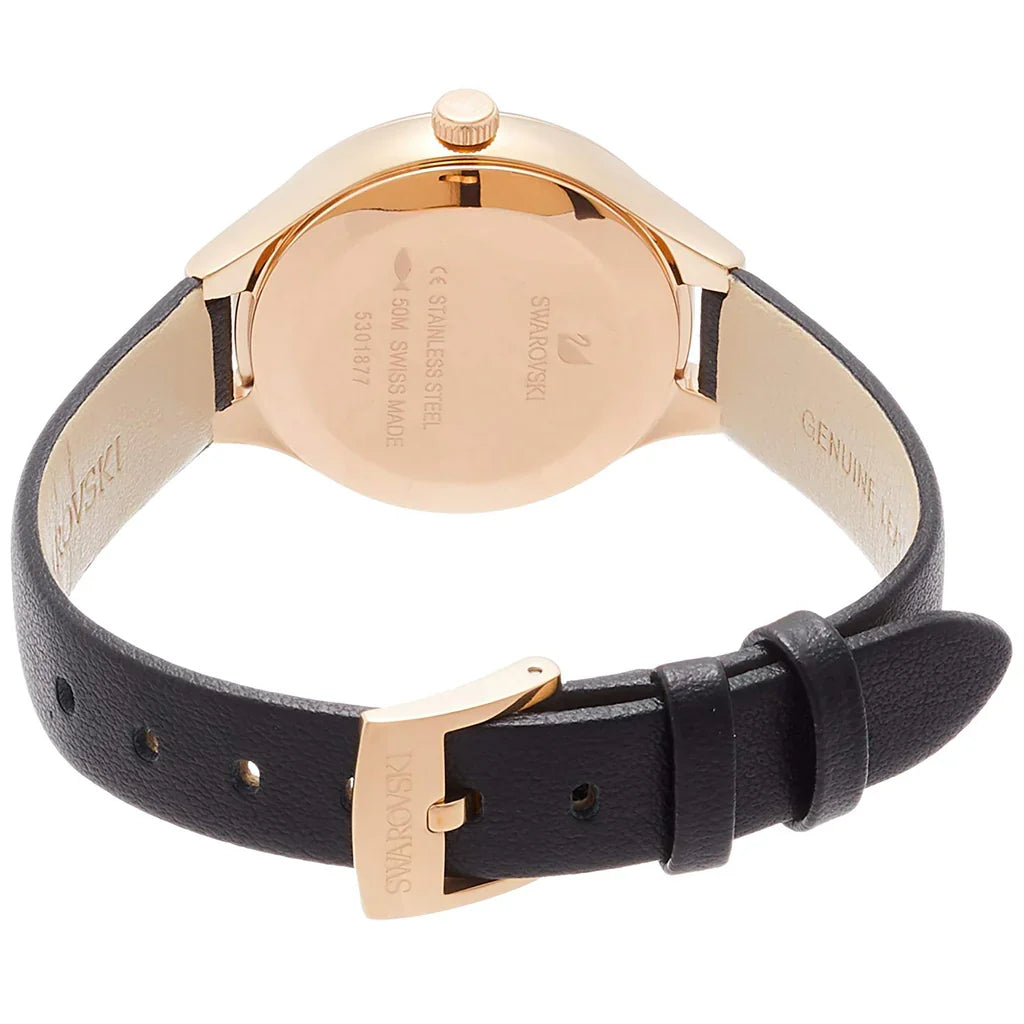Swarovski watch case back showing rose gold casing and black leather strap detail