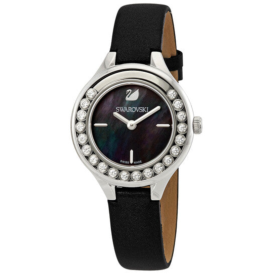 Swarovski Lovely Crystals Mini watch at angle showing crystal-set bezel and black strap