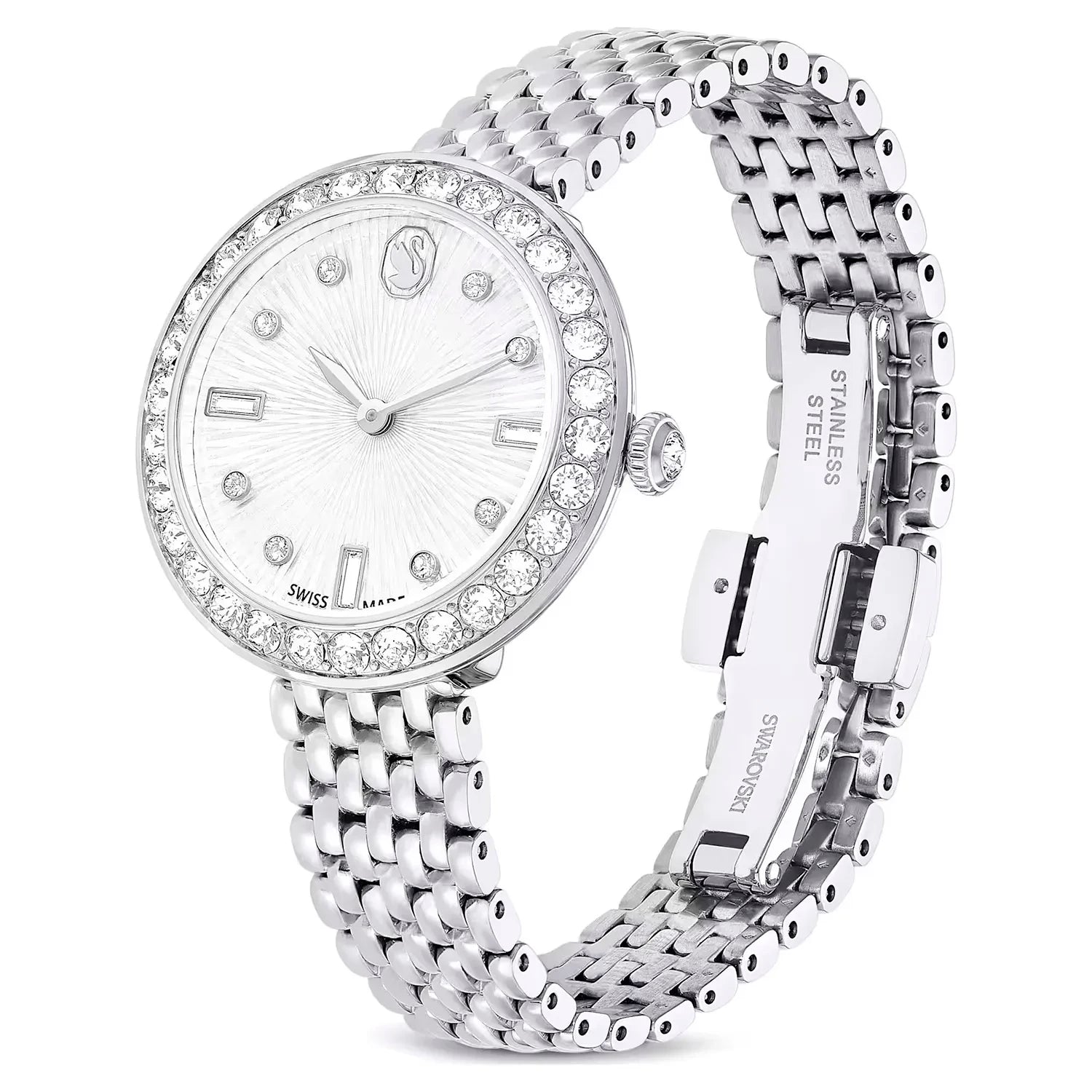 Swarovski Octea Chrono Faceted Crystal Bezel Silver Dial Silver Steel Women's Watch 5673022