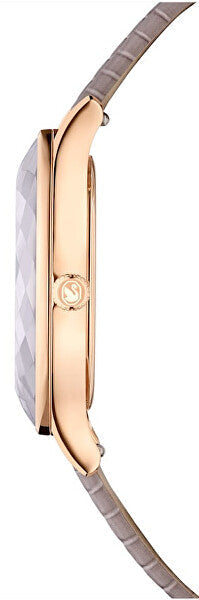 Swarovski Octea Nova watch side profile with rose gold case and taupe leather strap